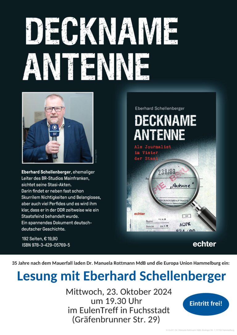 Dr. Manuela Rottmann: Lesung „Deckname Antenne“ mit Eberhard Schellenberger in Fuchsstadt