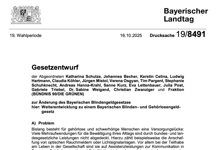 GRÜNEN-Gesetzentwurf für ein Bayerisches Blinden- und Gehörlosengeld